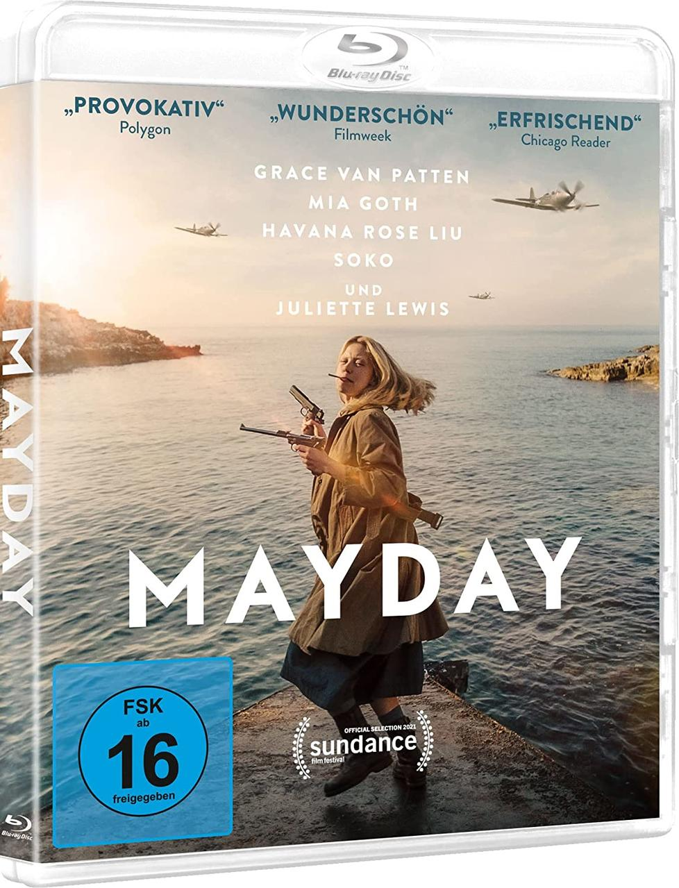 Filmcover: Frau mit Pistolen, Hintergrund Ozean und Flugzeuge, Text 'MAYDAY'.