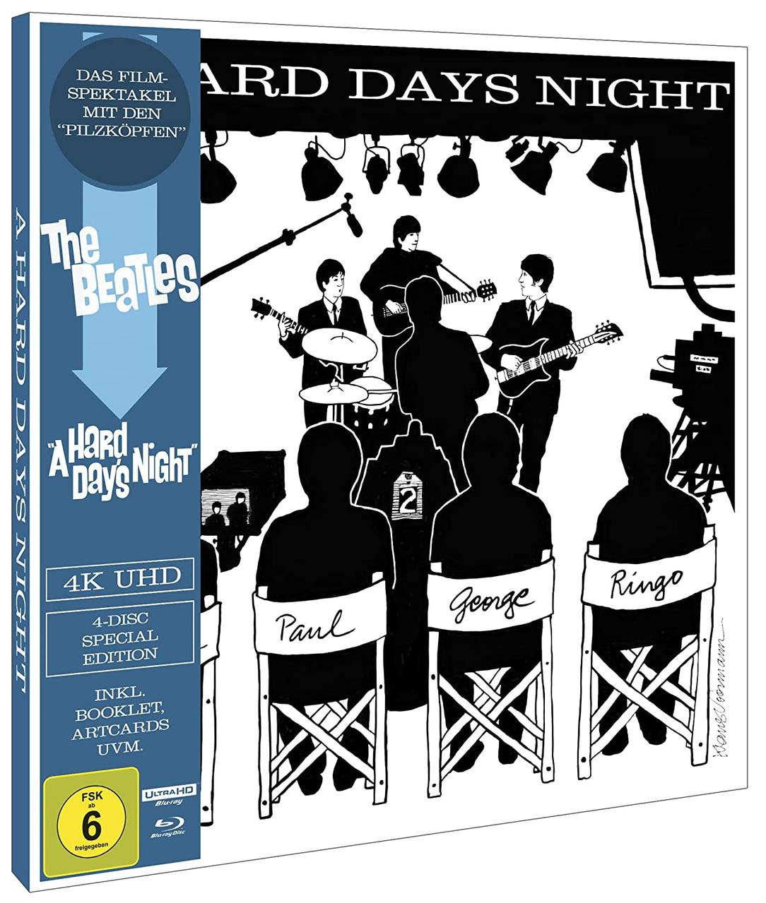 Beatles' 'A Hard Day's Night' Blu-ray-Hülle. Band-Silhouetten auf der Bühne. Publikum, Stühle mit Namen.