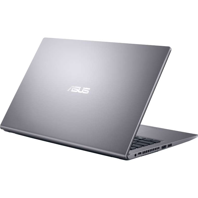 ASUS logolu gümüş dizüstü bilgisayar. Ekran açık, siyah bir arka plan gösteriyor.