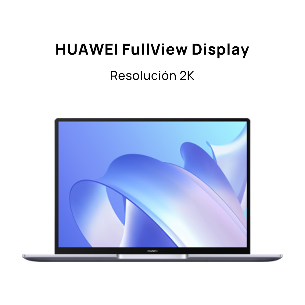 Portátil Huawei con pantalla FullView, blanco con remolinos azules en la pantalla.