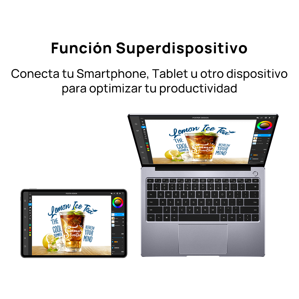 Una tableta y un portátil con una pantalla colorida. Texto en español.