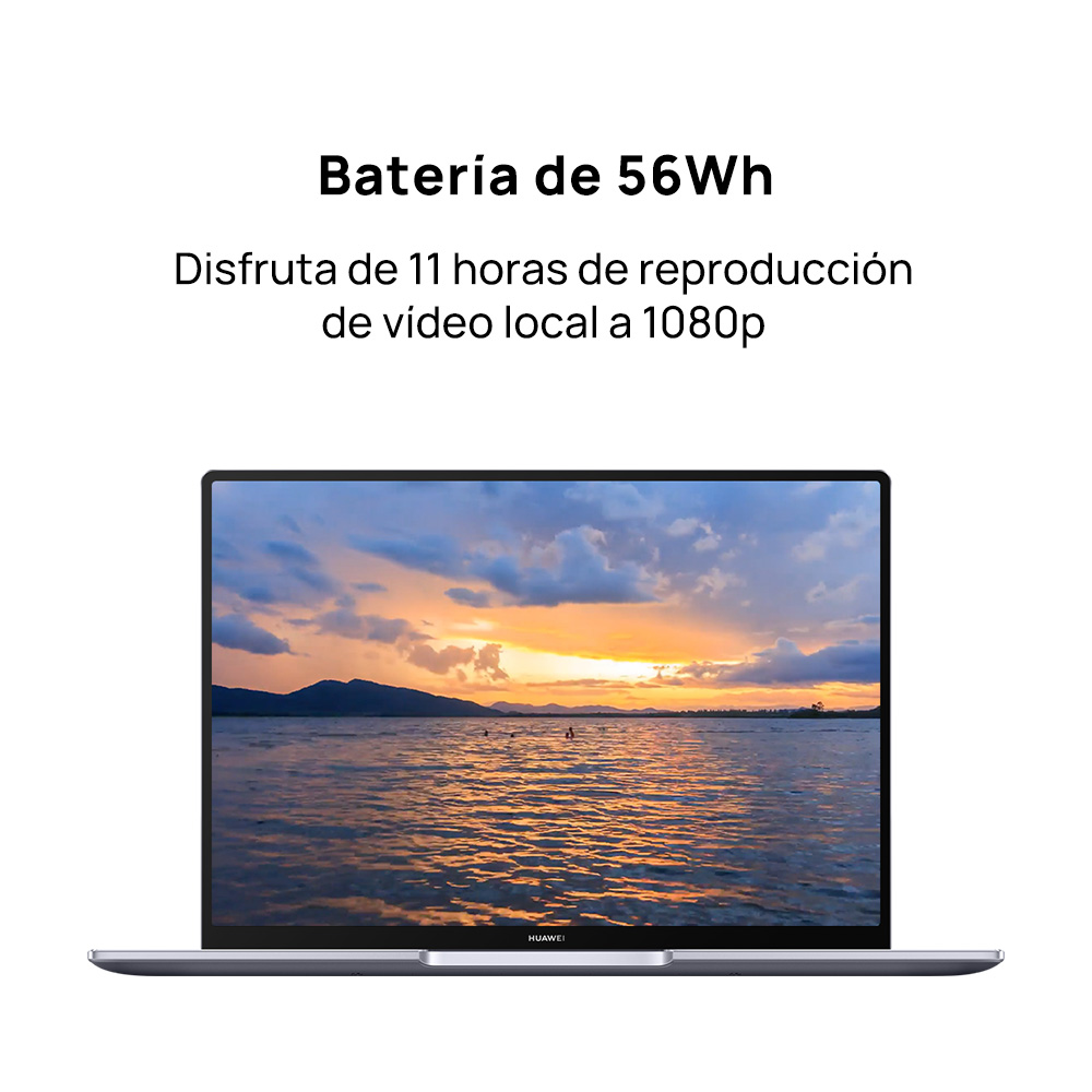 Un portátil con puesta de sol en la pantalla. Texto: Batería 56Wh, 11 horas de reproducción de vídeo local.