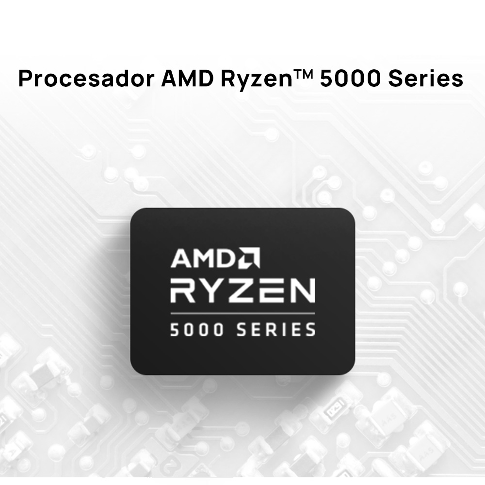 Logotipo de la serie AMD Ryzen 5000 sobre un fondo blanco con un patrón de circuito.
