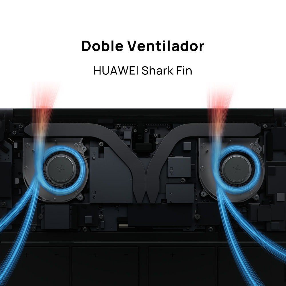 Interior de portátil con dos ventiladores, flujo de aire azul y rojo, fondo blanco.