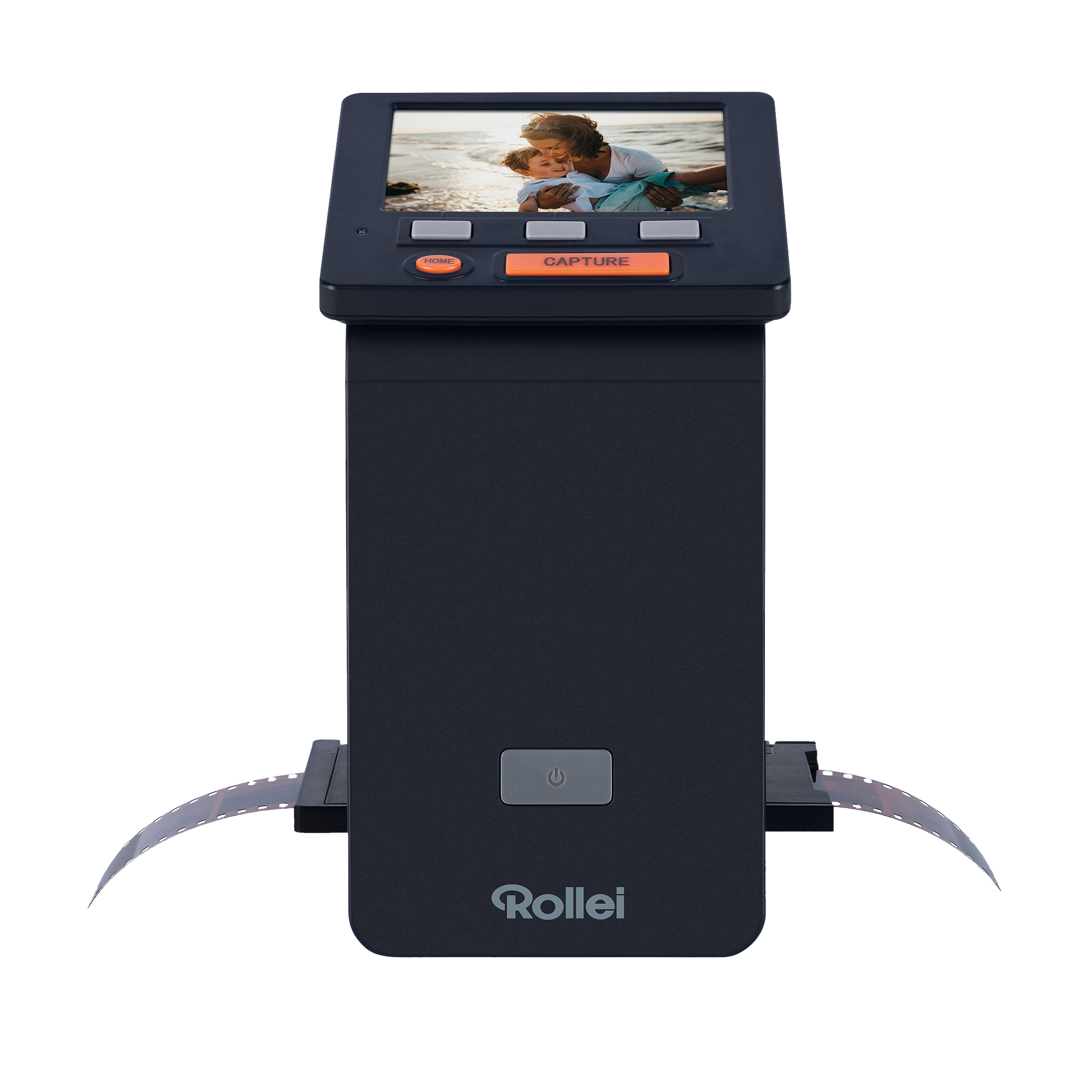 Ein Filmscanner mit einem Foto auf dem Bildschirm und Filmstreifen.