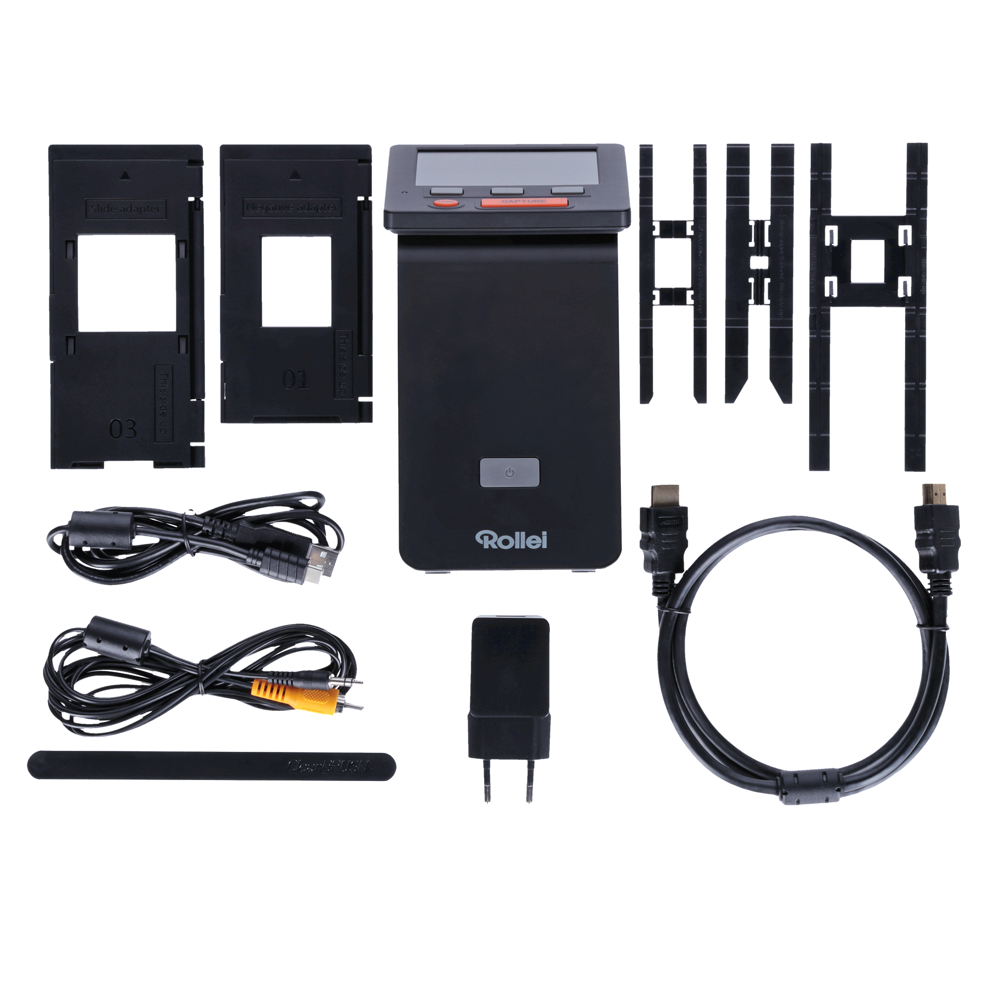 Schwarzer Scanner mit Zubehör auf Weiß. Enthält Kabel, Adapter und Filmhalter. Draufsicht.