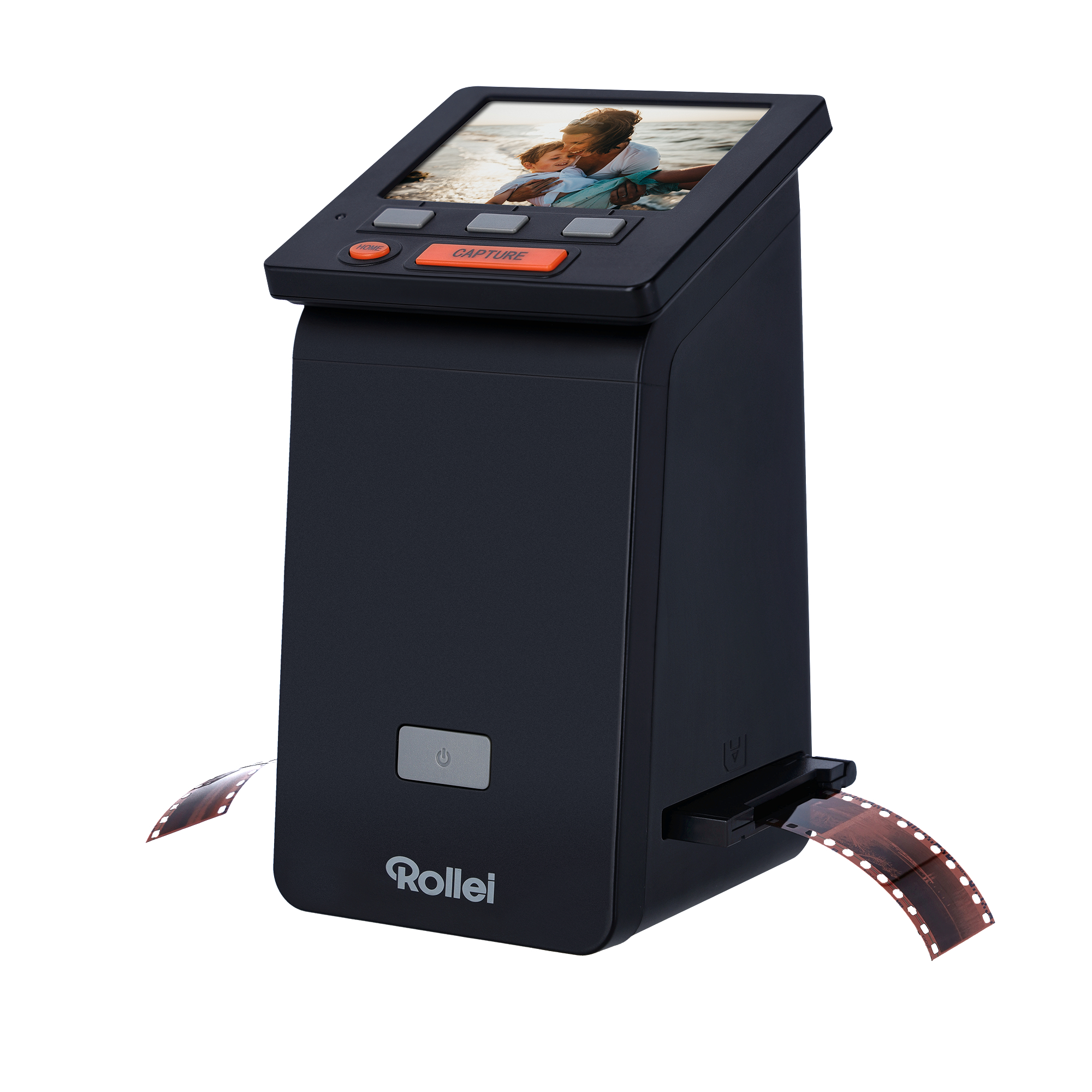 Schwarzer Filmscanner. Der Bildschirm zeigt ein Bild. Filmstreifen werden in den Scanner eingeführt.