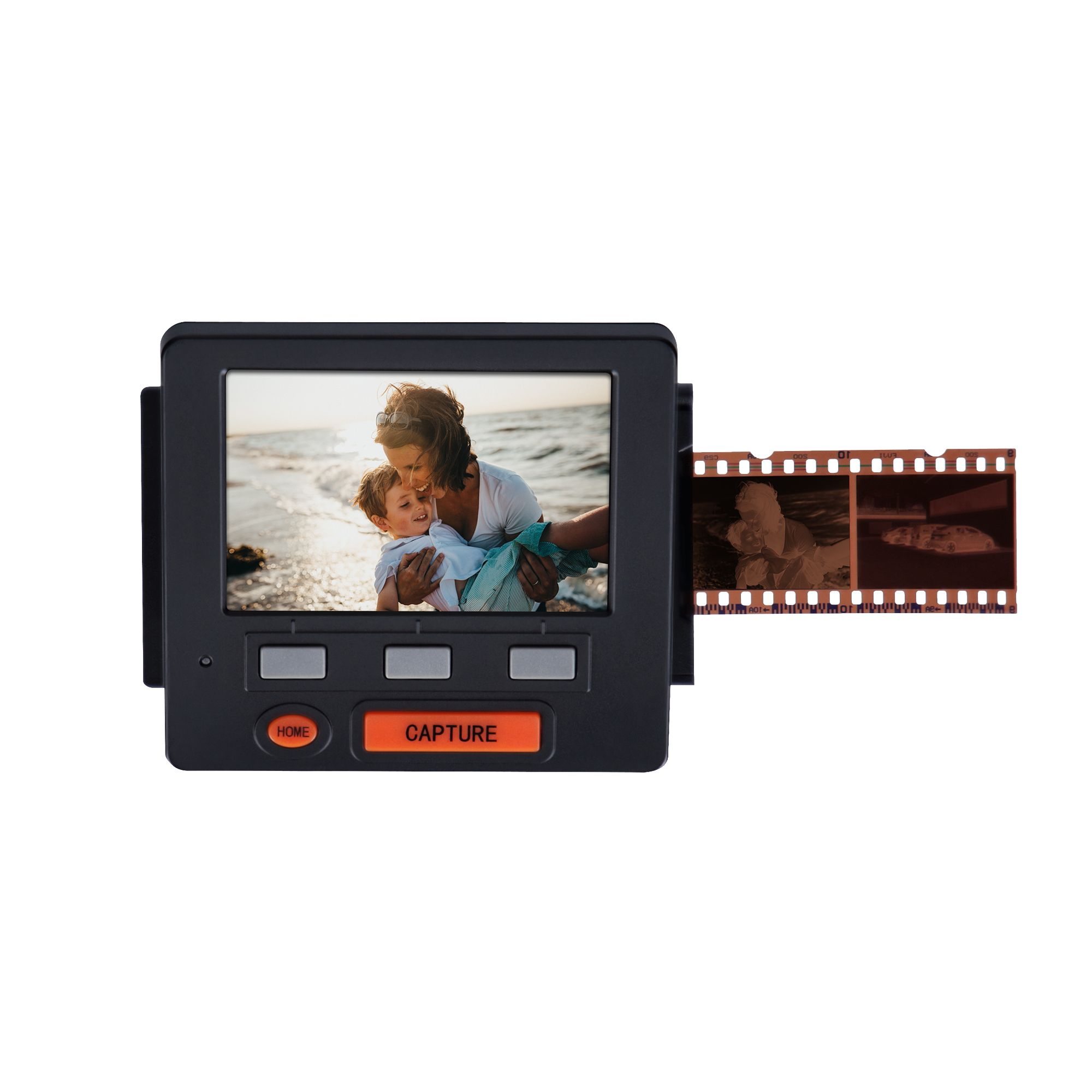 Schwarzer Filmscanner mit Foto von Mutter und Kind und Filmstreifen.