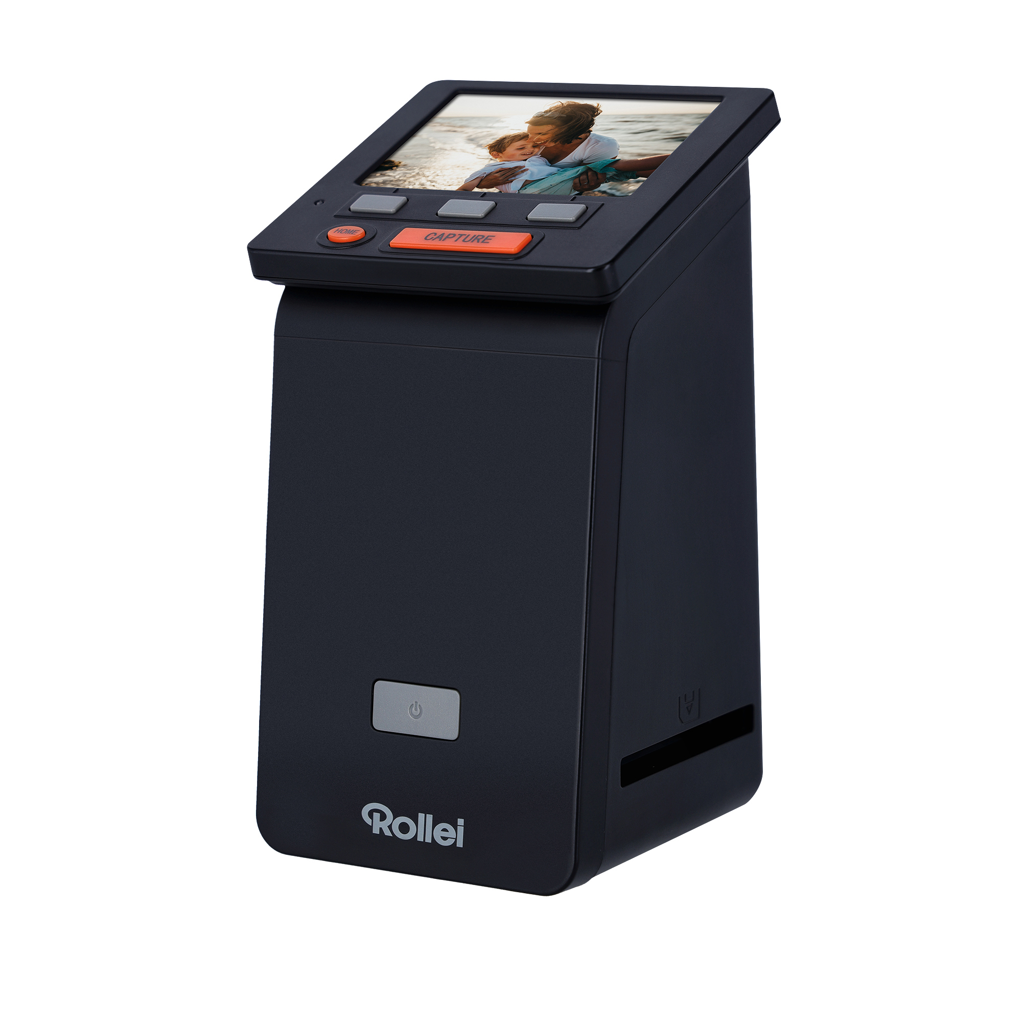 Schwarzer Rollei Fotoscanner. LCD-Bildschirm mit Foto. Orangefarbene und graue Knöpfe.