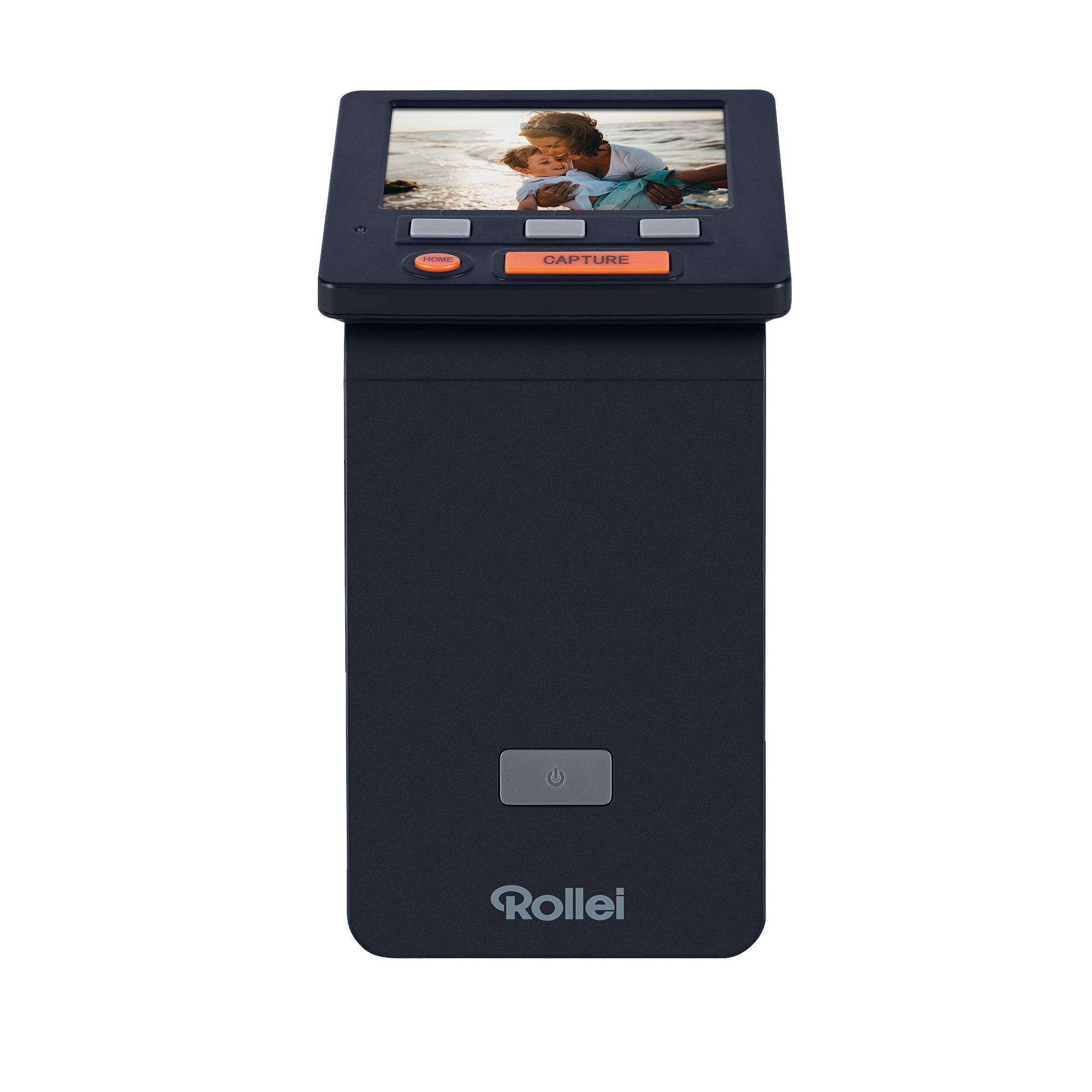 Schwarzer Rollei-Fotoscanner mit Bildschirm, der ein Foto zeigt.