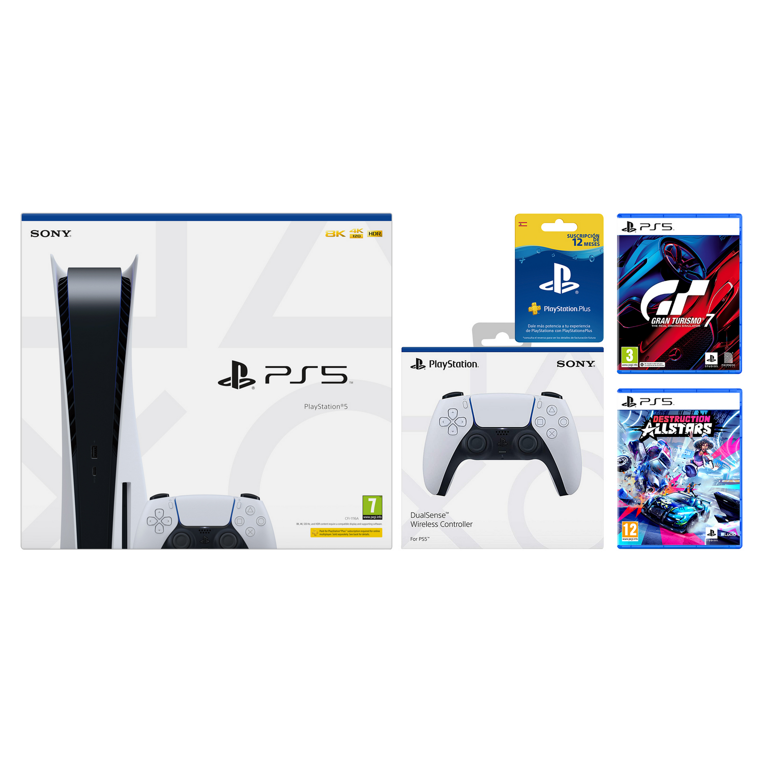 Consola - Sony PS5, 825 GB, 4K, HDR, Blanco + Gran Turismo 7 + Destruction AllStars + 2 Mandos DualSense™ + PlayStation Plus Card 12 meses