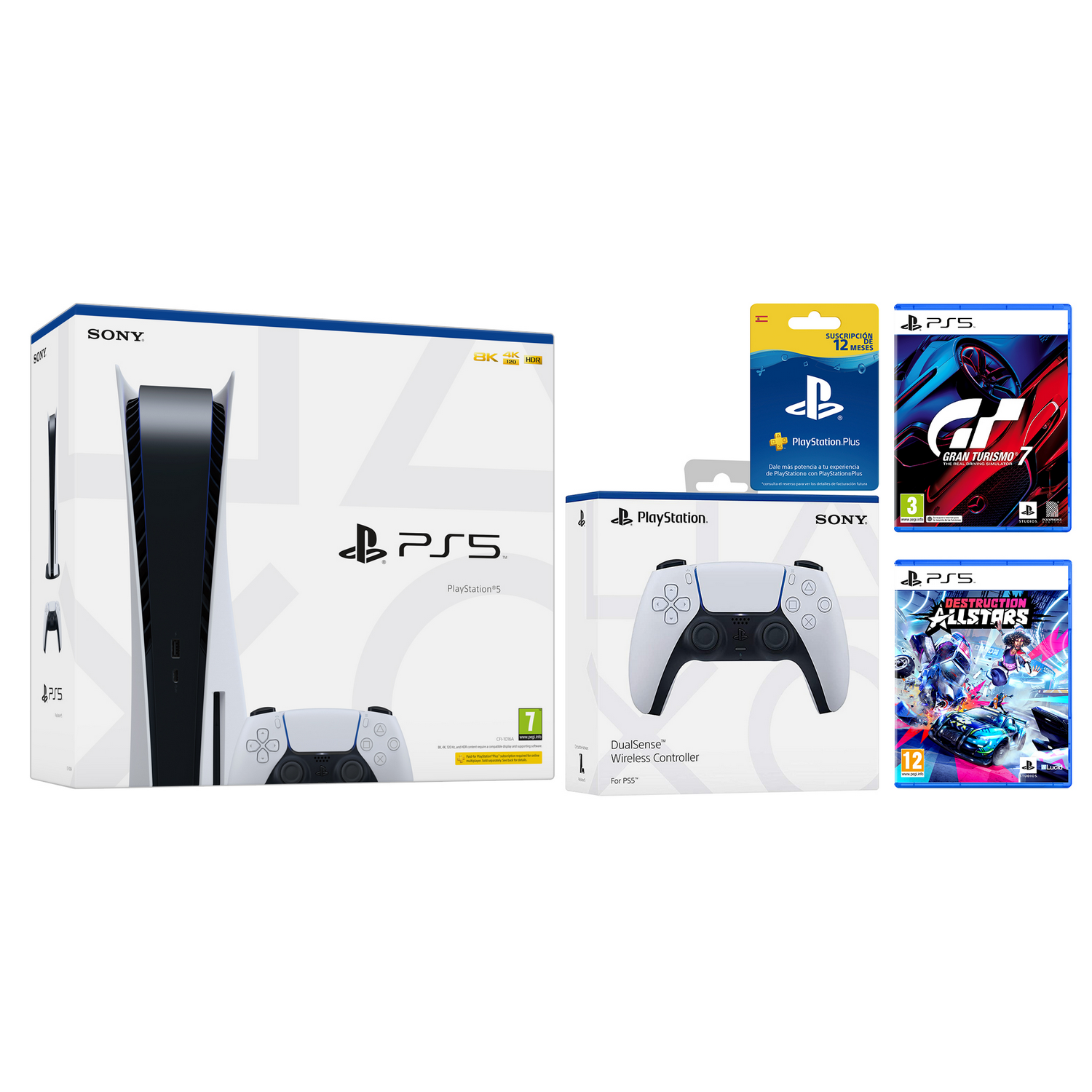 Consola - Sony PS5, 825 GB, 4K, HDR, Blanco + Gran Turismo 7 + Destruction AllStars + 2 Mandos DualSense™ + PlayStation Plus Card 12 meses