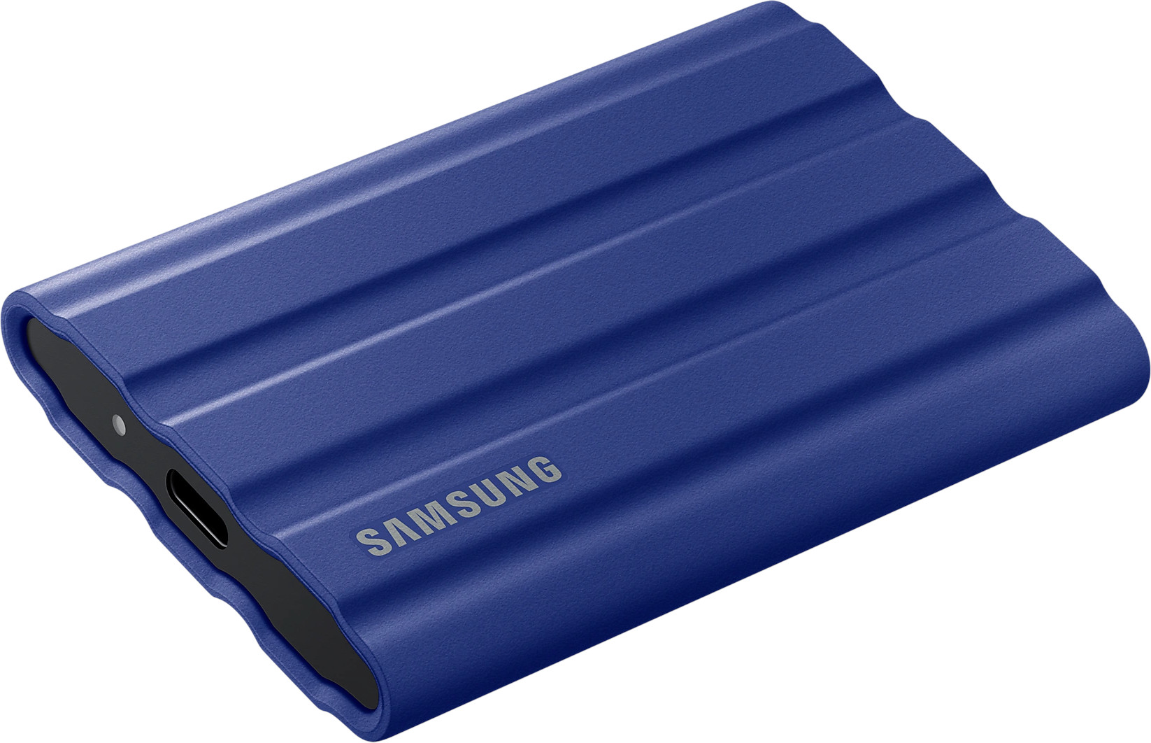 Blauwe Samsung externe harde schijf, met een geribbeld ontwerp en Samsung-logo.