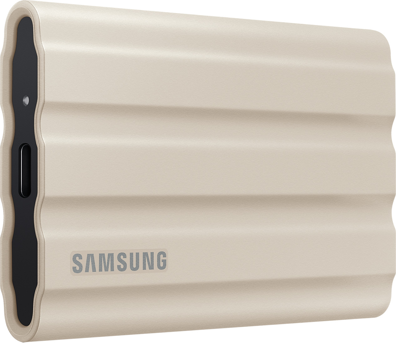 Beige draagbare externe harde schijf met het Samsung-logo.