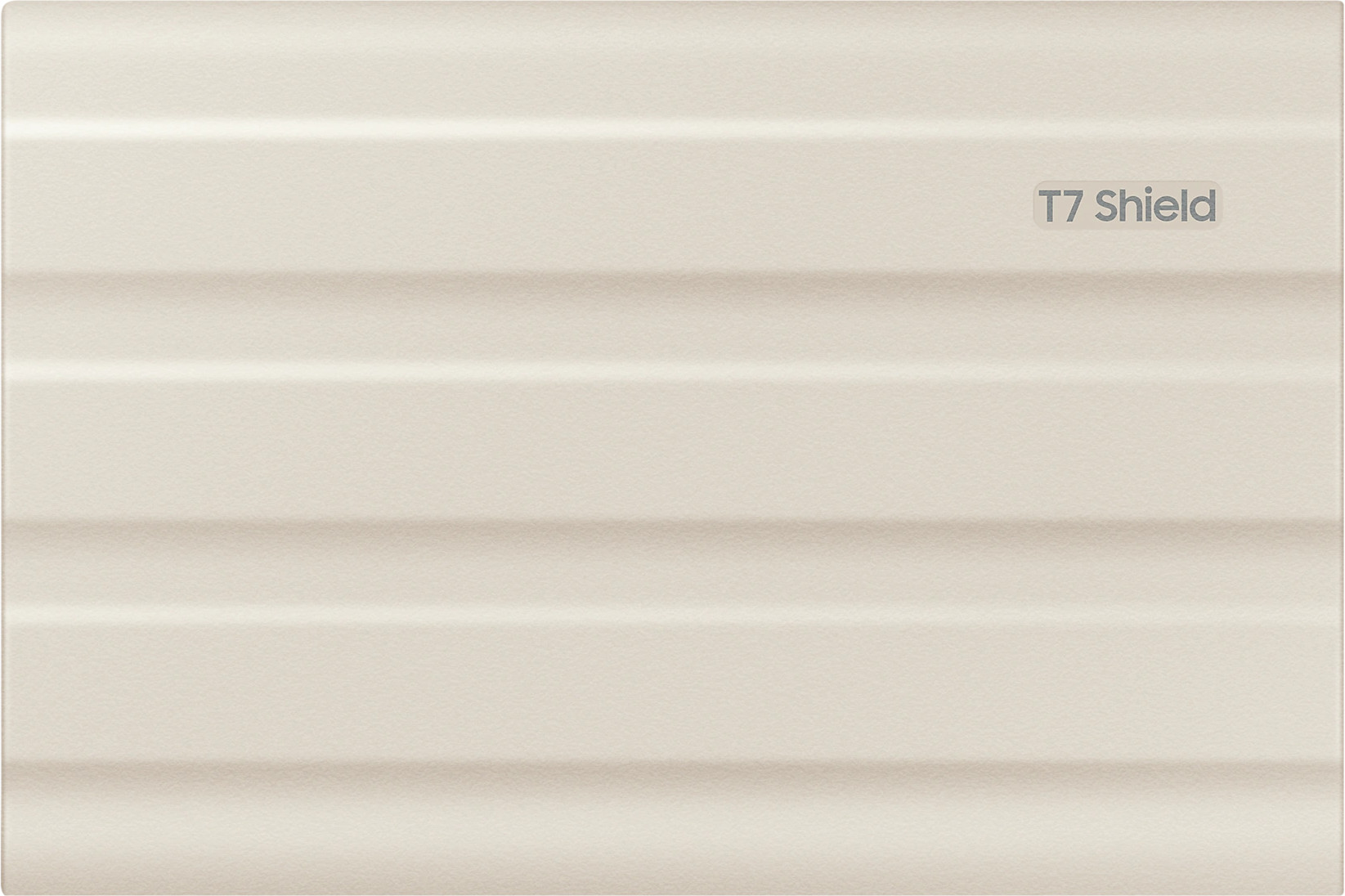 Close-up van beige horizontale gevelbekleding met parallelle ribbels en 'T7 Shield' label.
