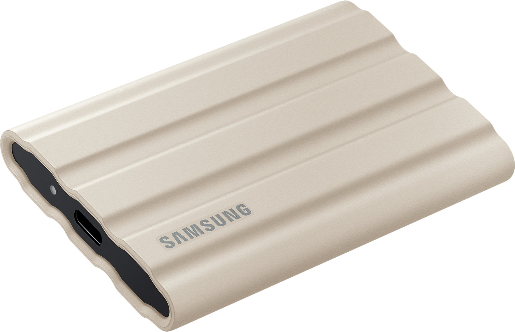 Zandkleurige externe harde schijf van Samsung. Het apparaat is rechthoekig met een geribbelde textuur.