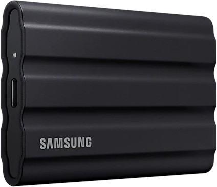 Black Samsung external hard drive. Samsung logo.  White background.