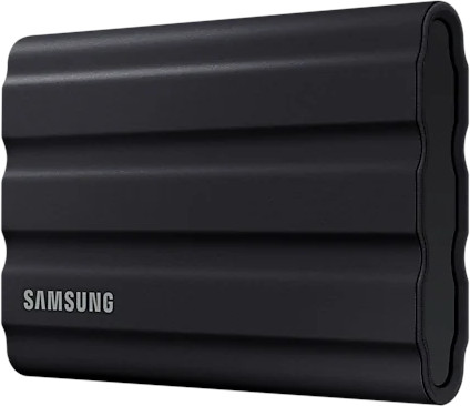 A black, ribbed, external hard drive with 'SAMSUNG' printed on it.