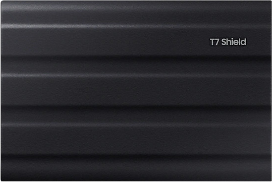 Black Samsung T7 Shield external hard drive. Rectangular, with horizontal ridged texture.
