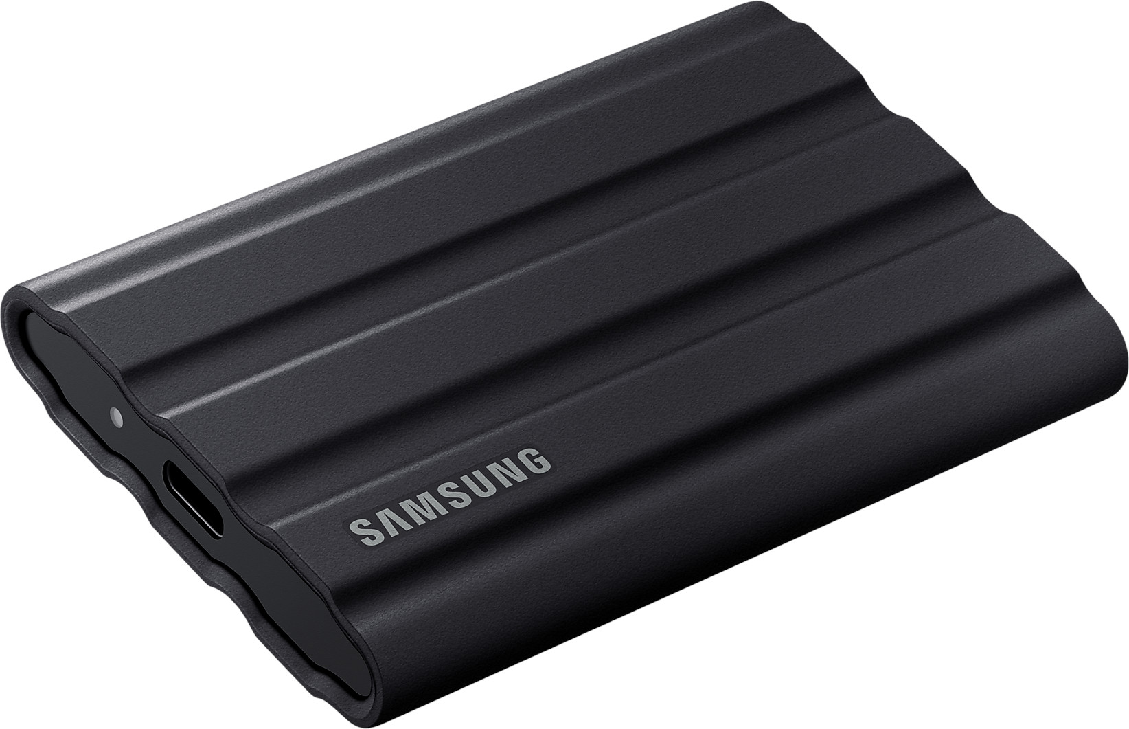 Black, ridged, portable hard drive with the word SAMSUNG on it.