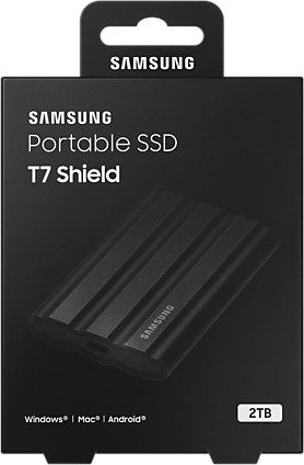 Black Samsung Portable SSD T7 Shield box with SSD image, on white background.