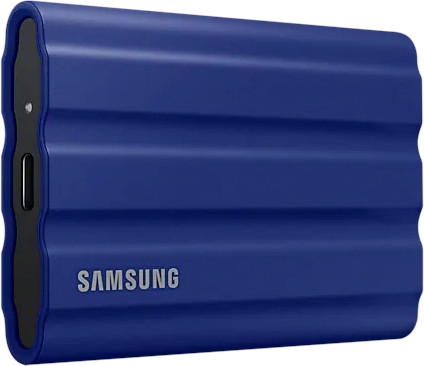 Blue Samsung external hard drive with a rugged design.