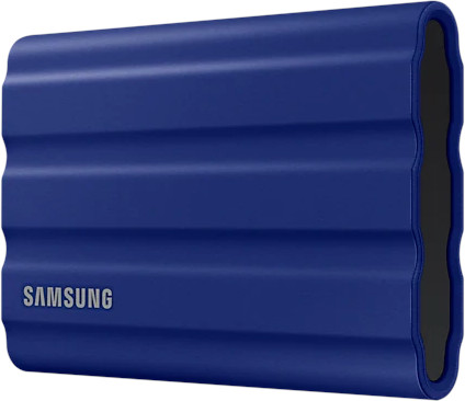 Blue Samsung portable SSD with a ridged design, Samsung logo visible.
