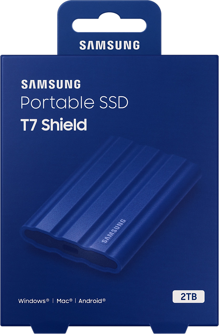 A blue box with a portable SSD inside, labeled 'T7 Shield'.
