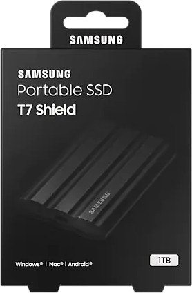 Black portable SSD in its box. The box says Samsung Portable SSD T7 Shield 1TB.