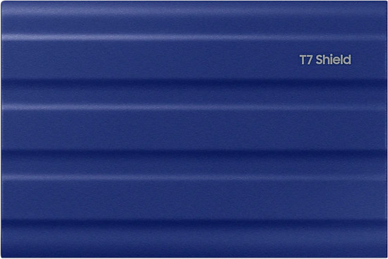 Een blauwe, getextureerde externe harde schijf met de tekst T7 Shield.