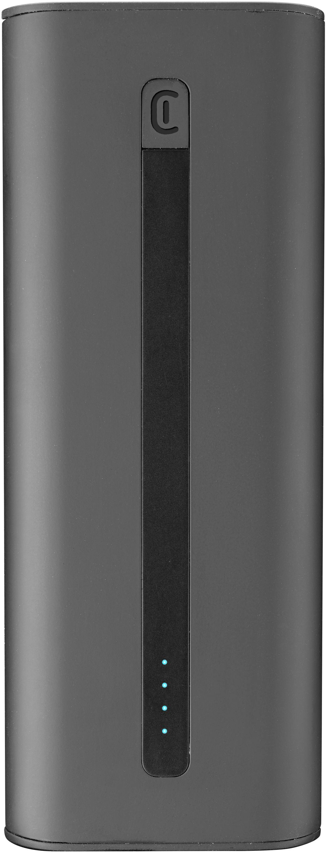 Appareil cylindrique gris foncé avec une bande noire et des lumières bleues.
