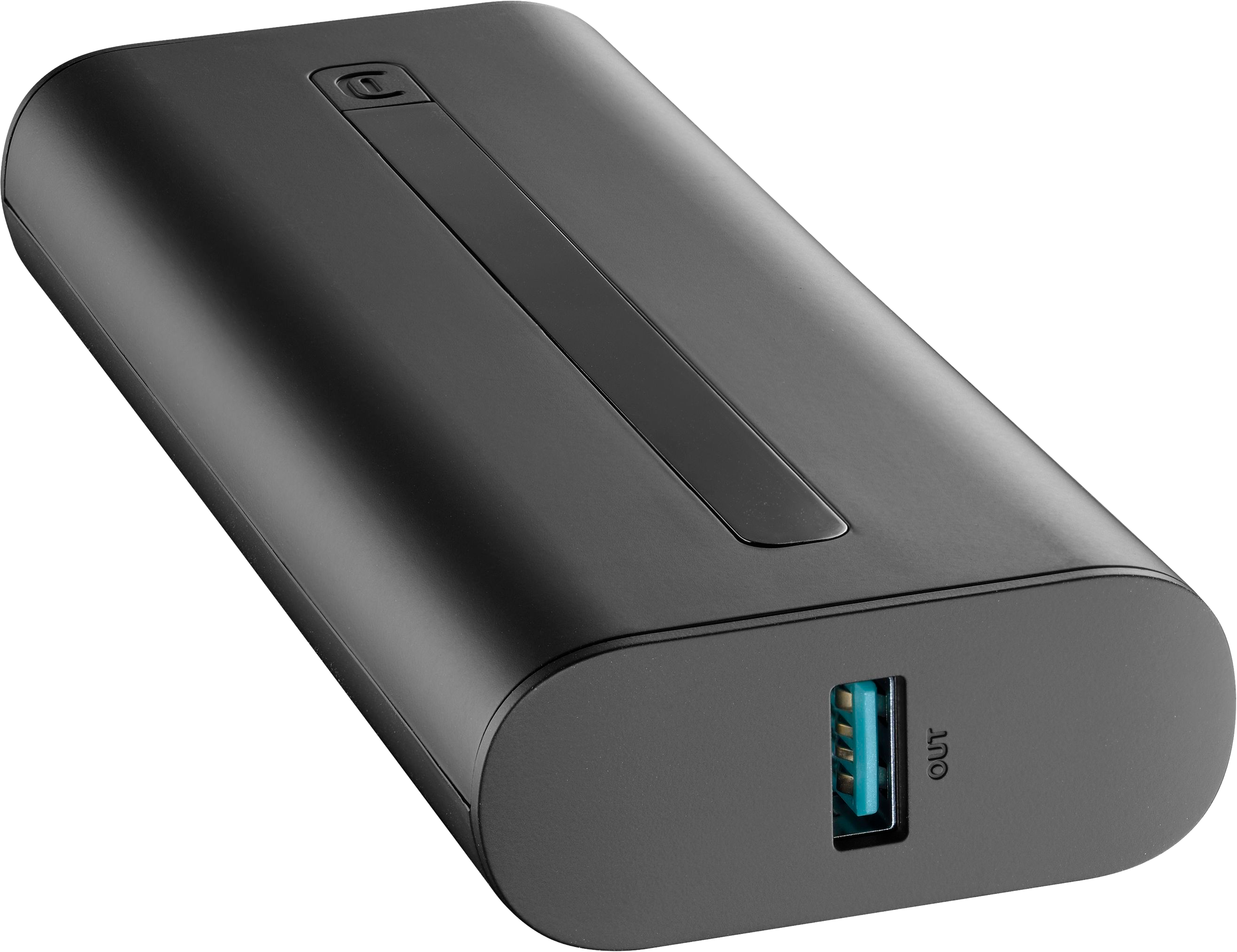Une batterie externe noire avec un port USB. Elle a une bande gris clair.