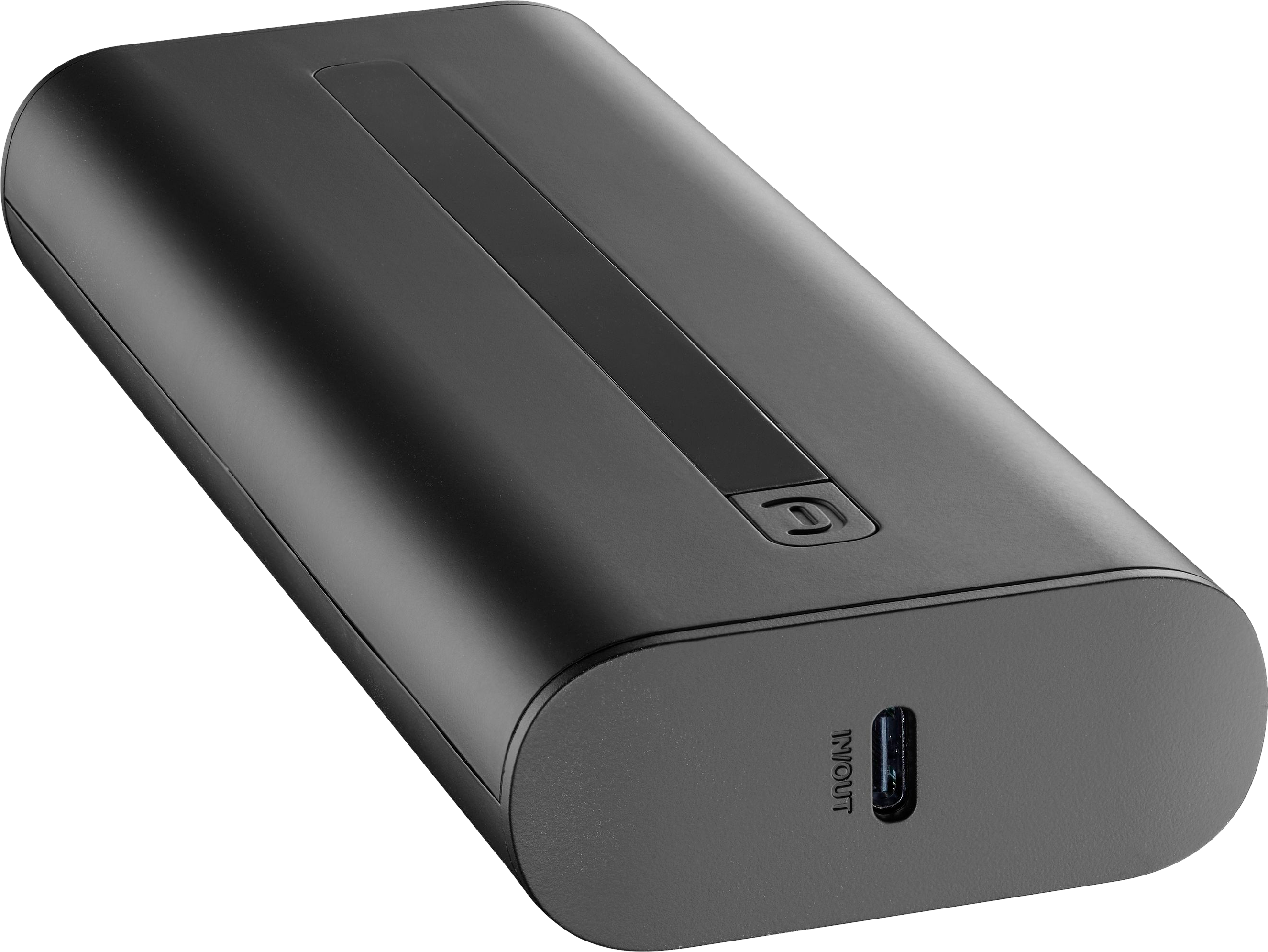 Un disque dur externe noir avec un port USB et une ligne d'accent argentée.