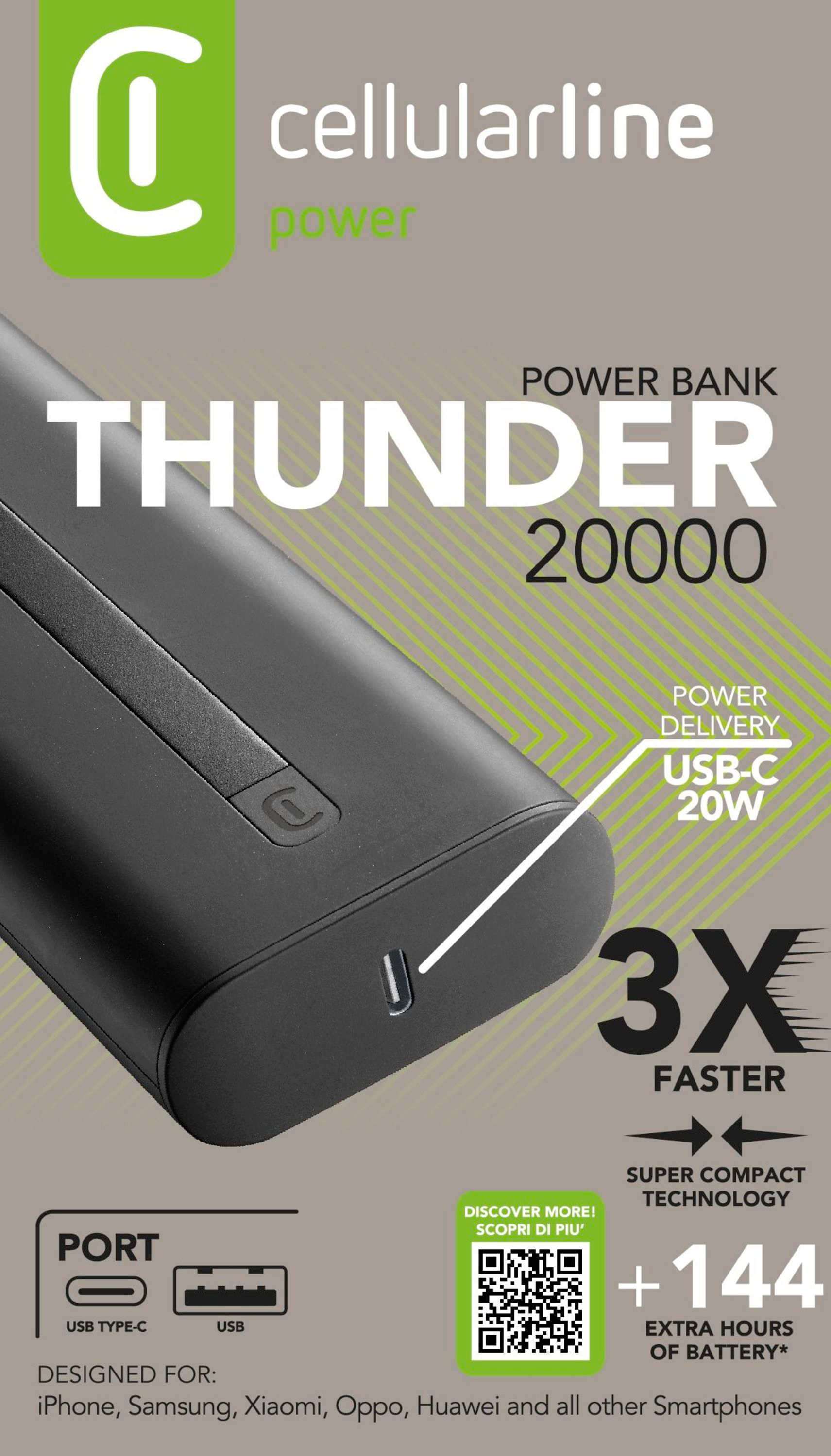 Batterie externe noire avec texte blanc et port USB-C.