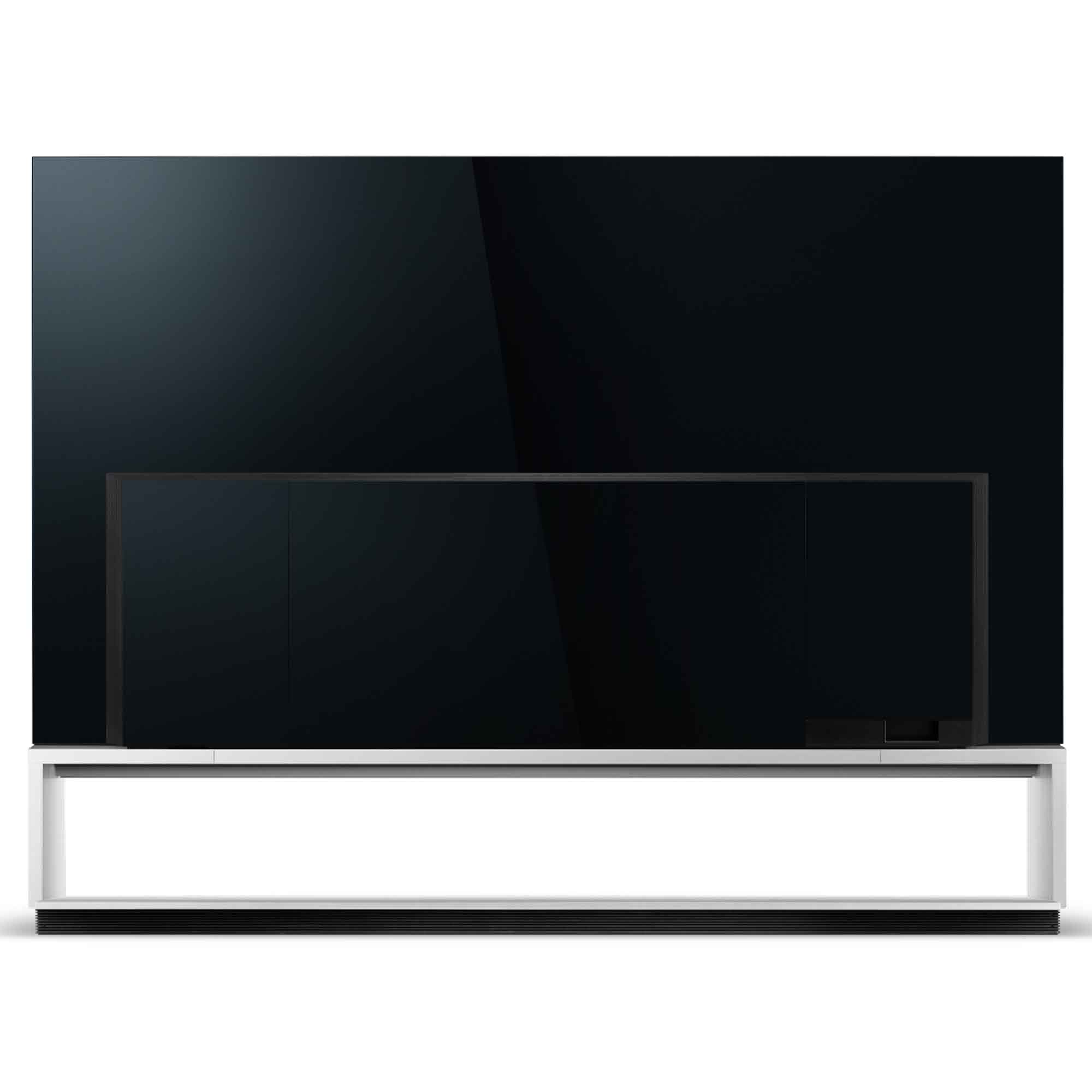 Un televisor negro grande y elegante sobre un soporte blanco, con un fondo negro. Diseño minimalista.