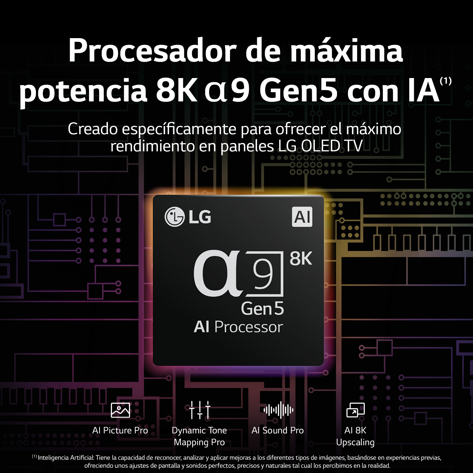 Gráfico del procesador LG OLED AI con texto, fondo negro.