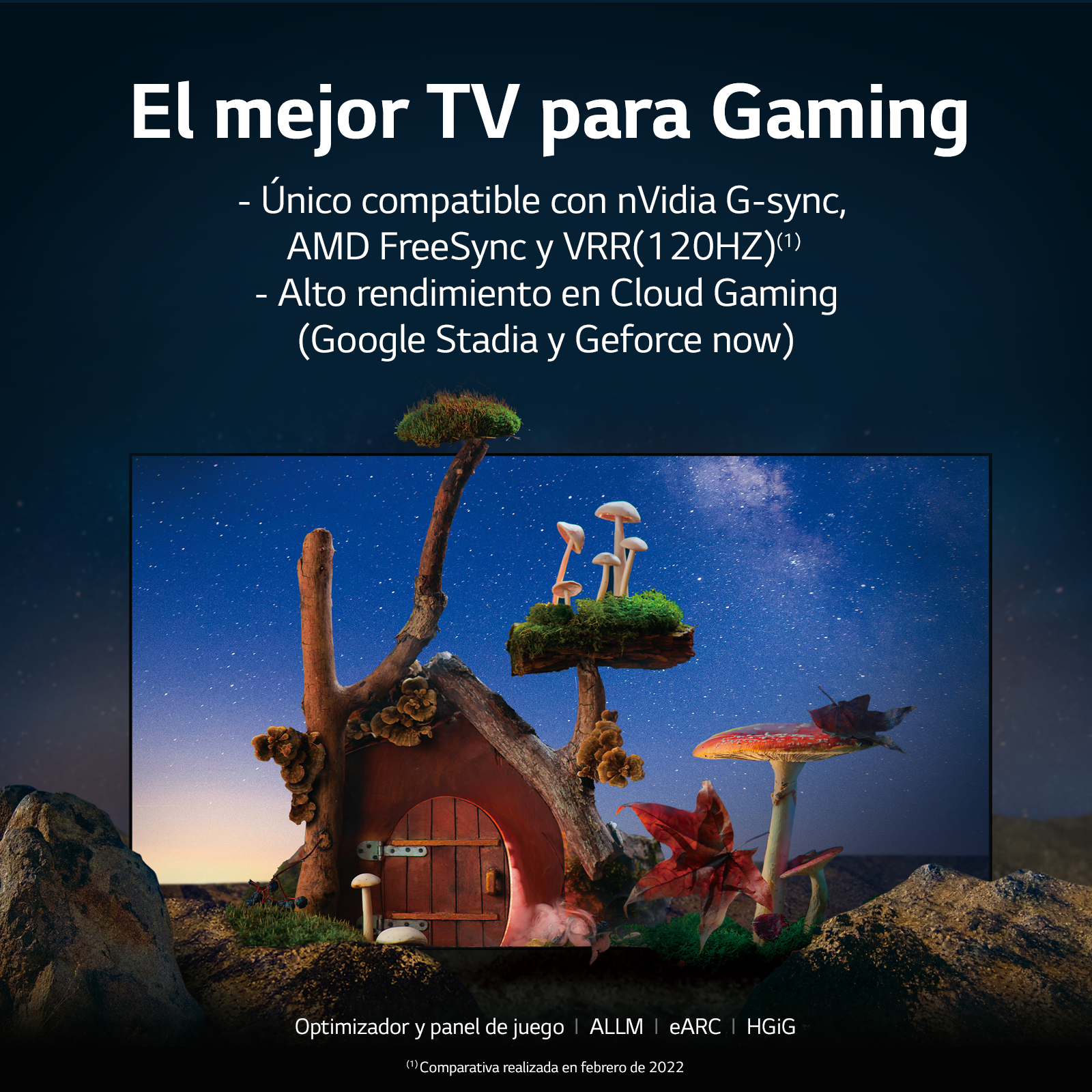 Escena de fantasía en miniatura con casa, setas y cielo estrellado en TV.