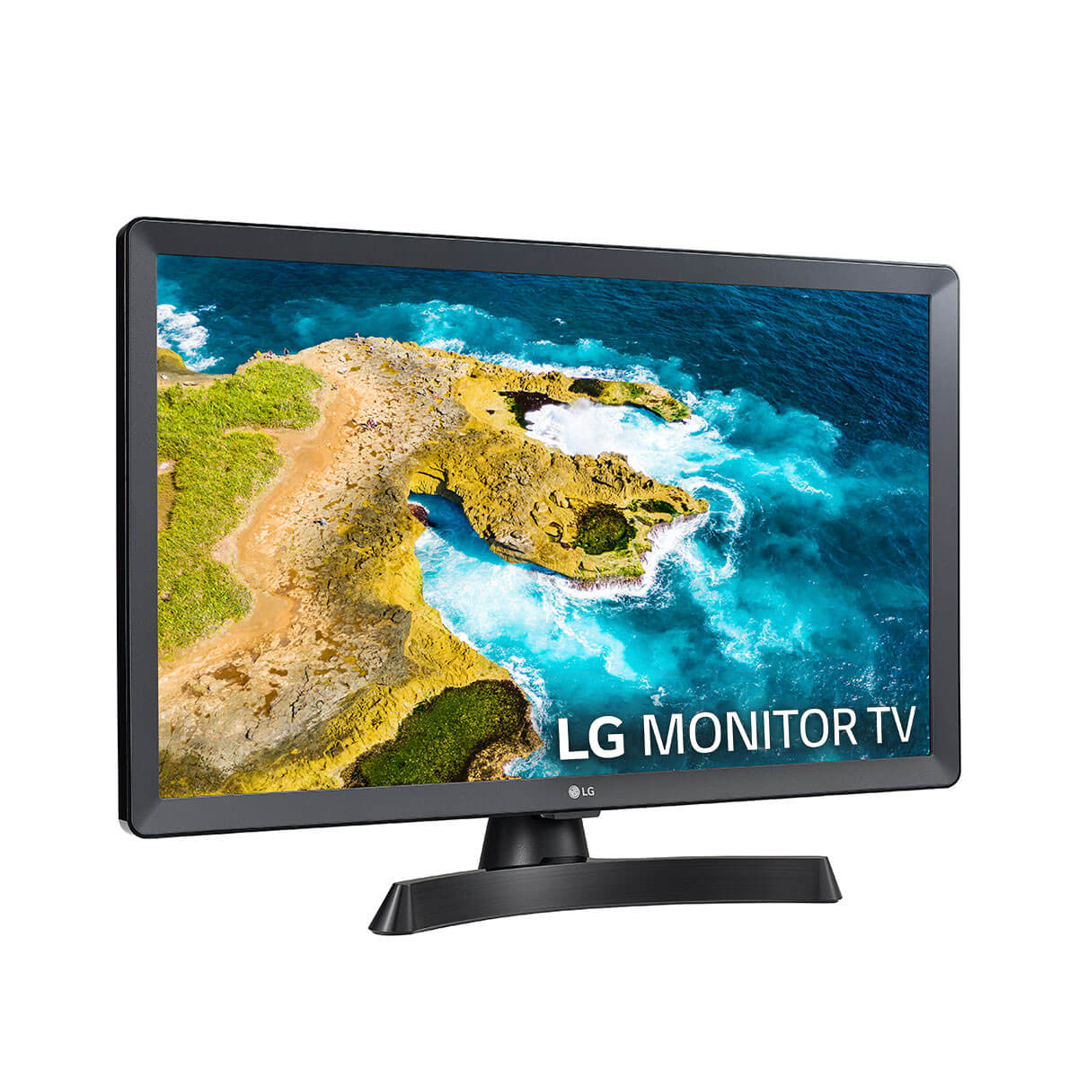Monitor TV LG que muestra un paisaje marino con agua azul e islas rocosas.