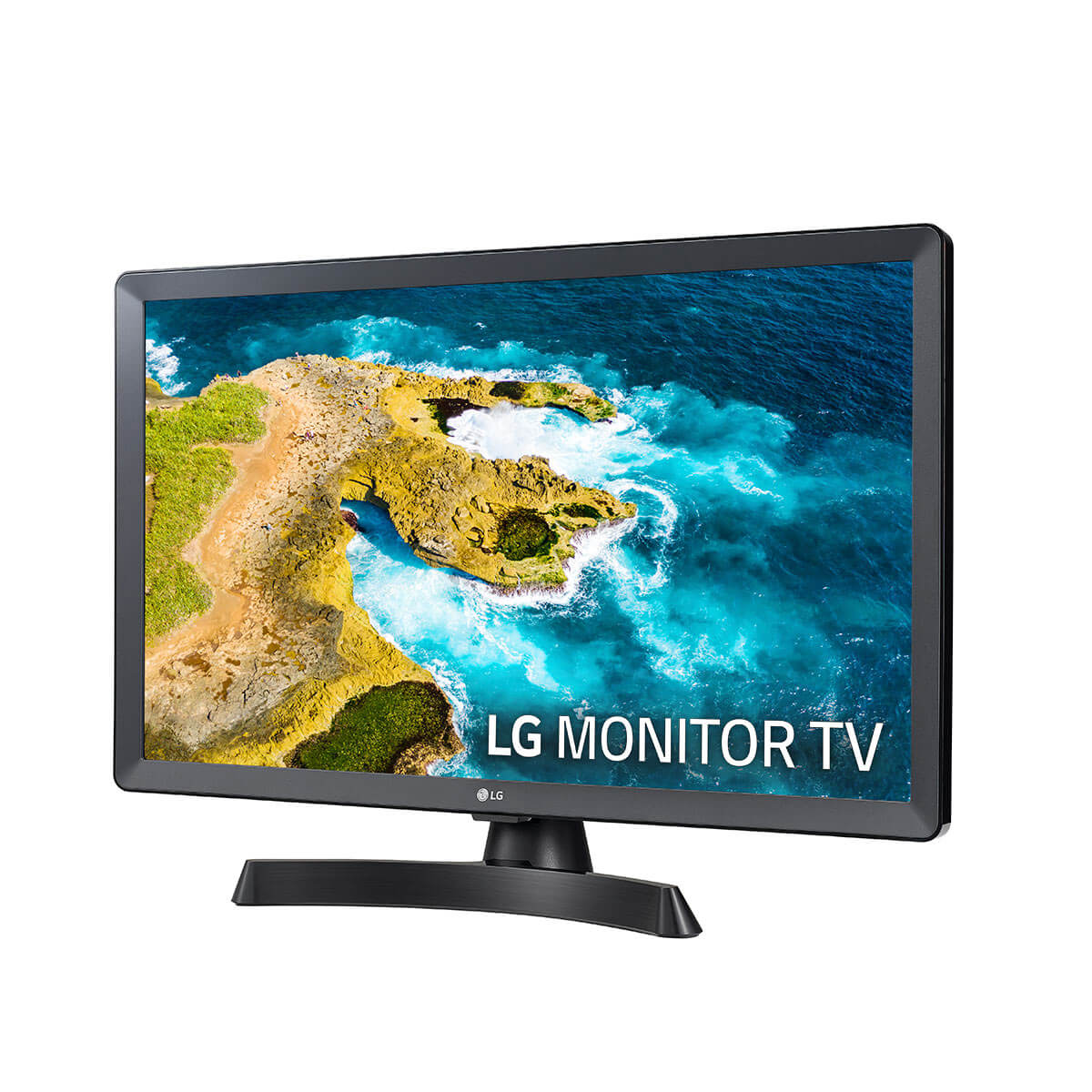 Monitor LG negro con texto 'LG MONITOR TV', mostrando escena costera.