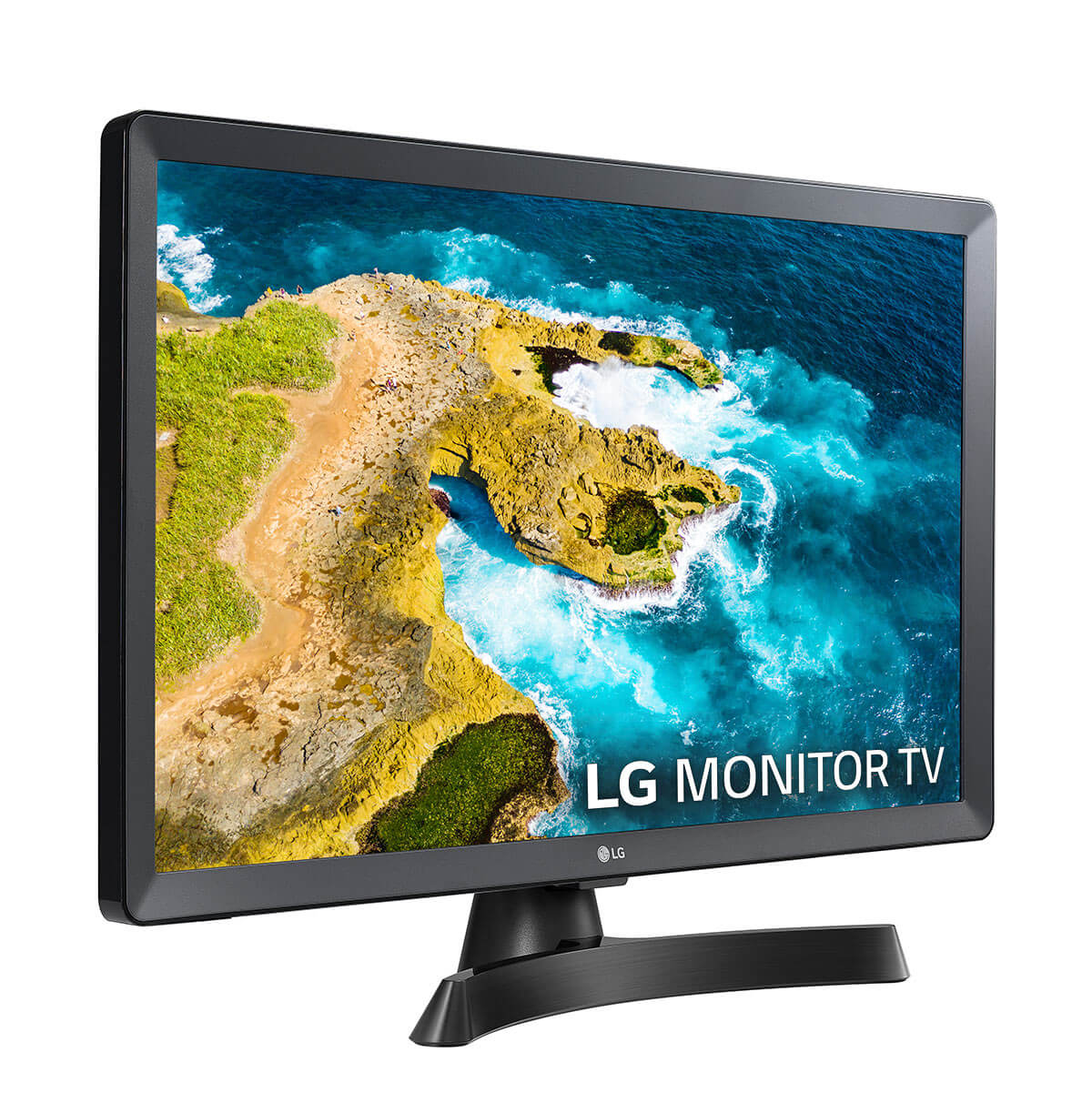 Un televisor monitor LG negro que muestra un paisaje del mar.