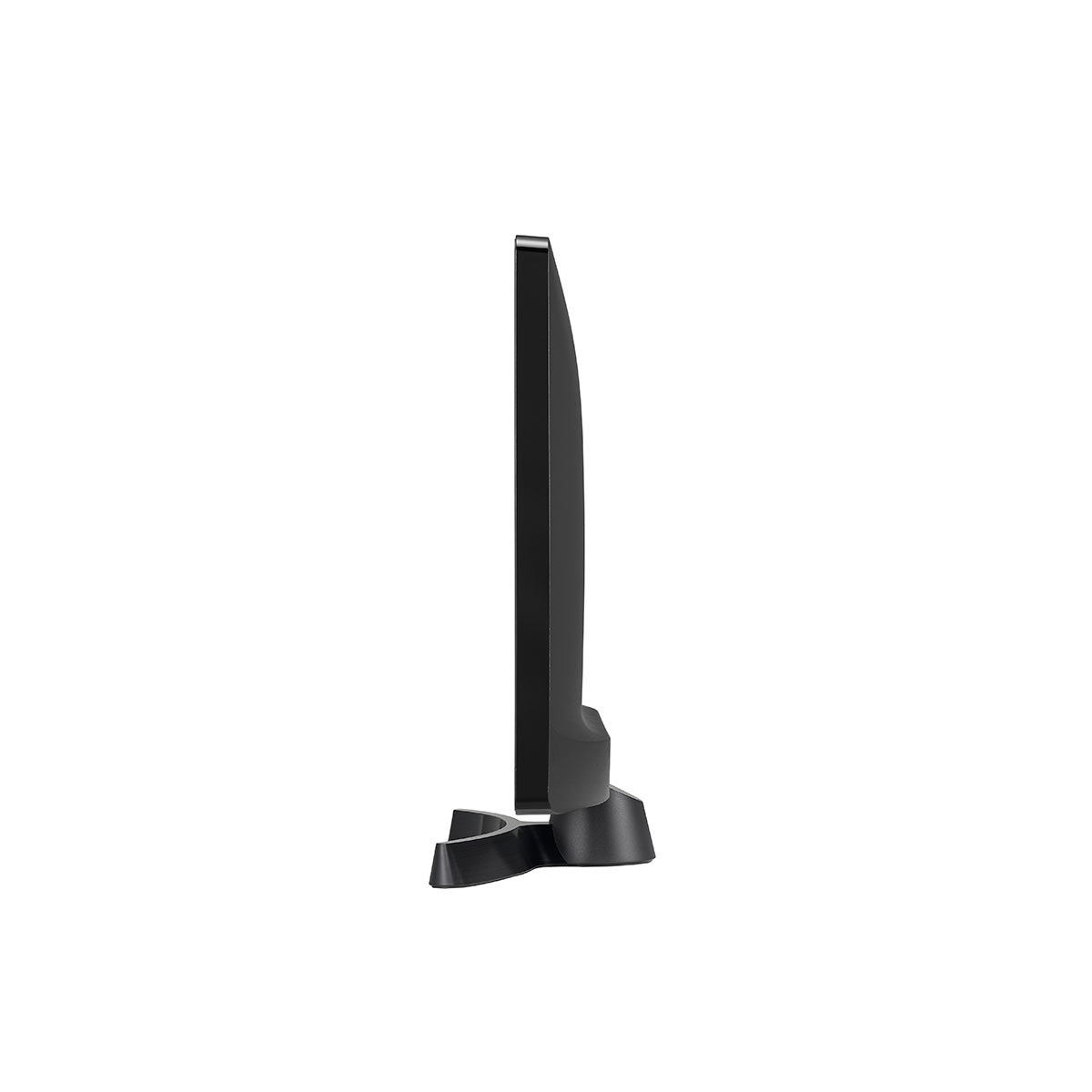 Un monitor de computadora negro visto de lado. Se apoya en una base negra, con un perfil delgado.