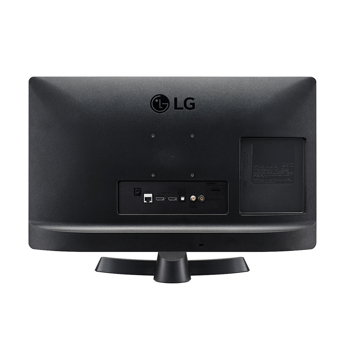 La parte trasera de un televisor LG negro con puertos y un soporte.