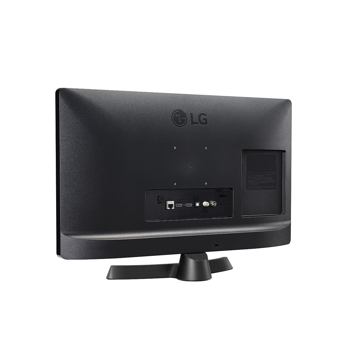 Parte trasera de un televisor LG negro con puertos. Está sobre un soporte. El fondo es blanco.