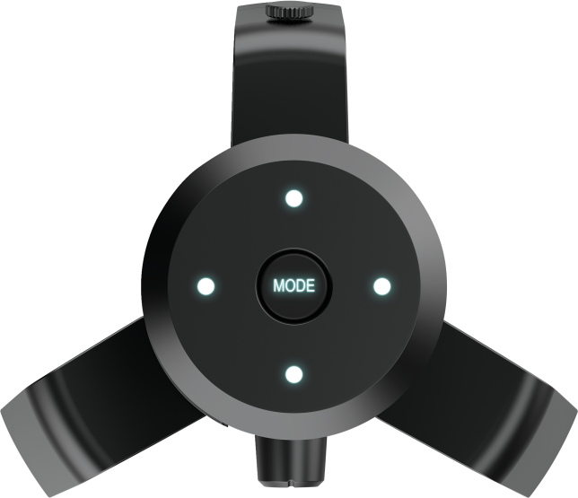 Fekete ventilátor vezérlő három lapáttal. Négy fehér LED-je és egy 'MODE' gombja van a közepén.