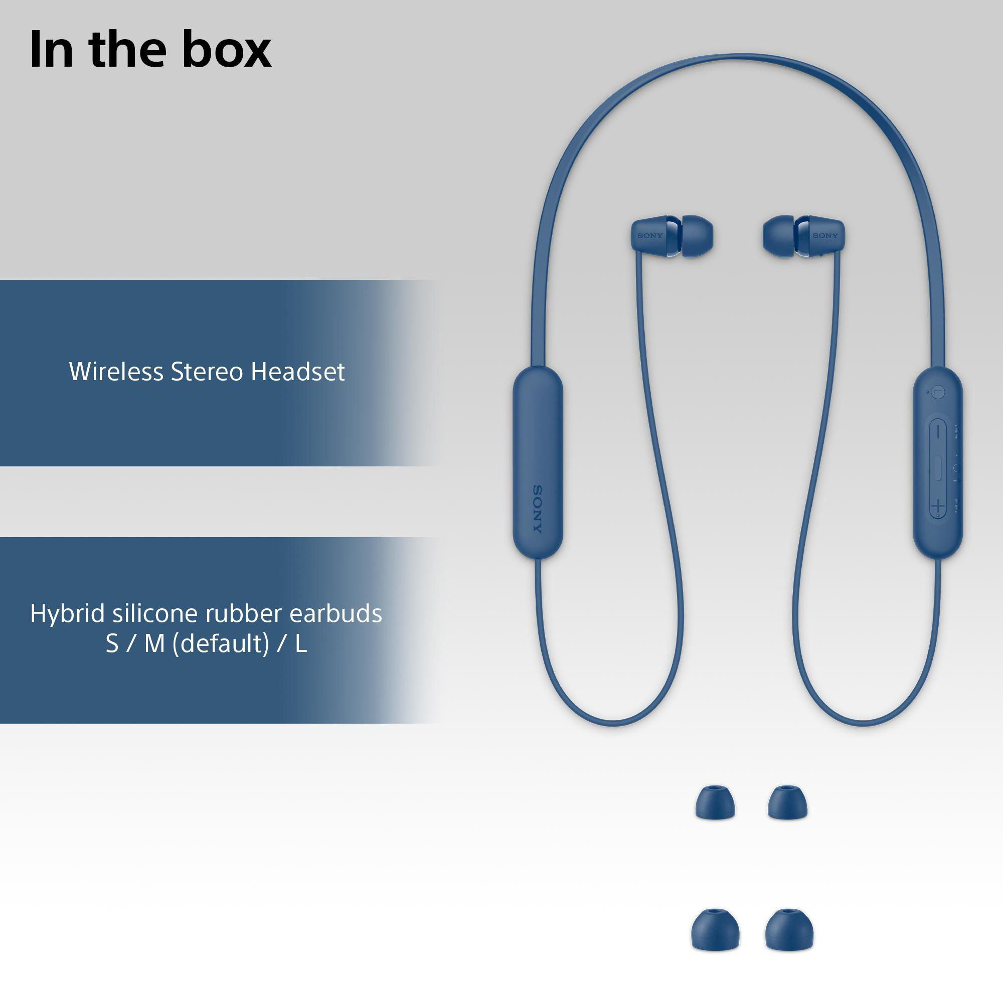 Blaue kabellose Sony-Ohrhörer und Ohrhörerspitzen in einer Box mit Text.