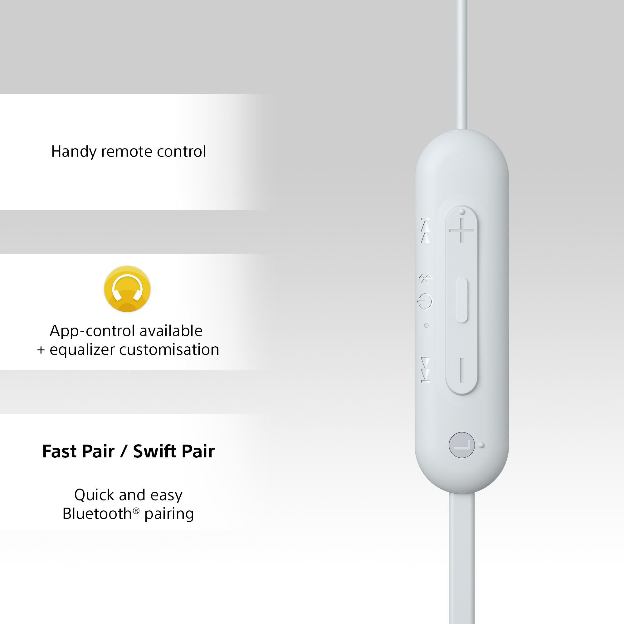 Weiße In-Ear-Kopfhörer mit Fernbedienung. Text: App-Steuerung, Fast Pair.