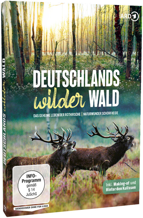 DVD-Hülle mit deutschem Text und Bildern von Hirschen im Wald, mit Naturthema.