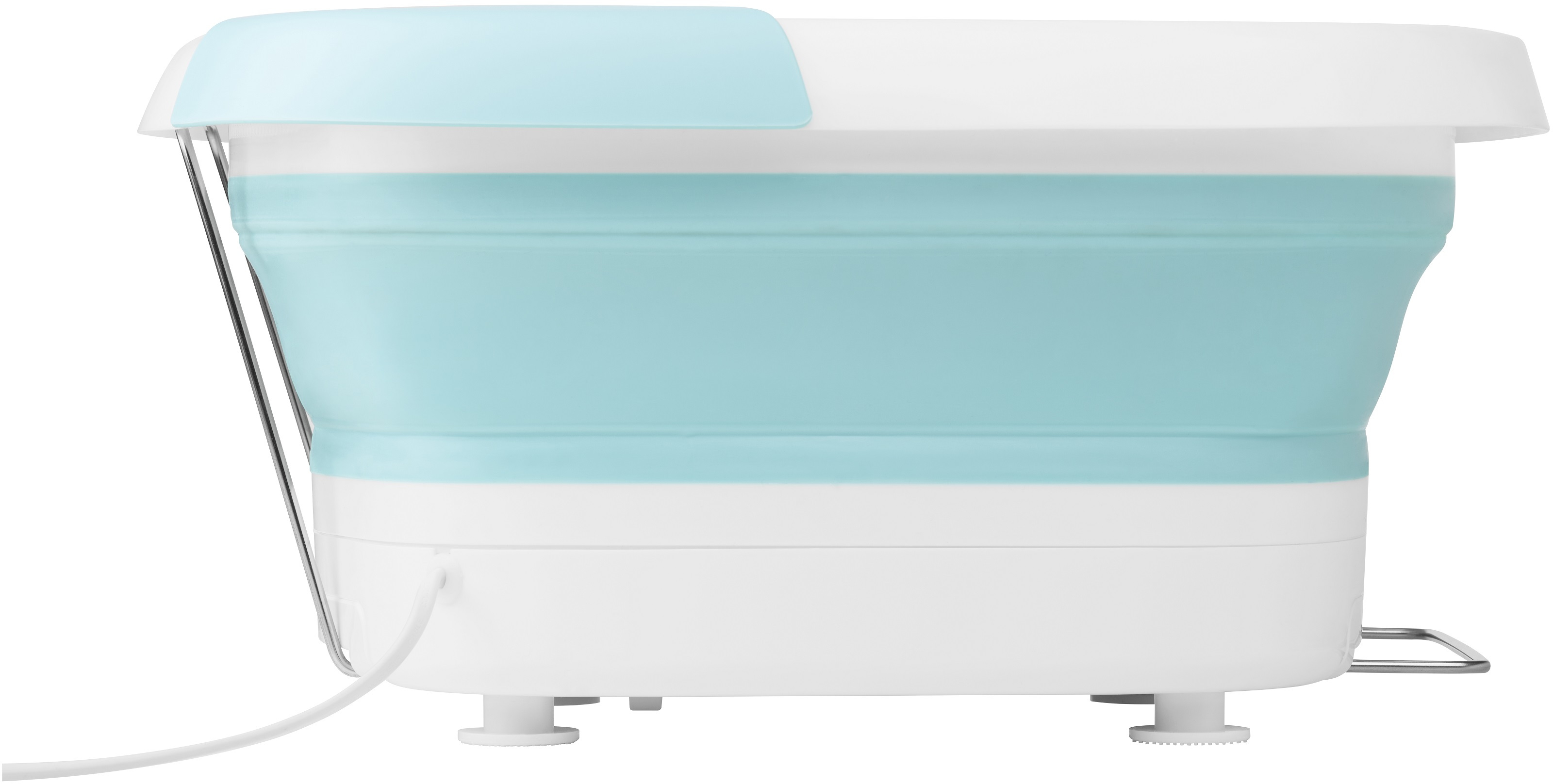 Foldable plastic wash basin. It's white and turquoise.