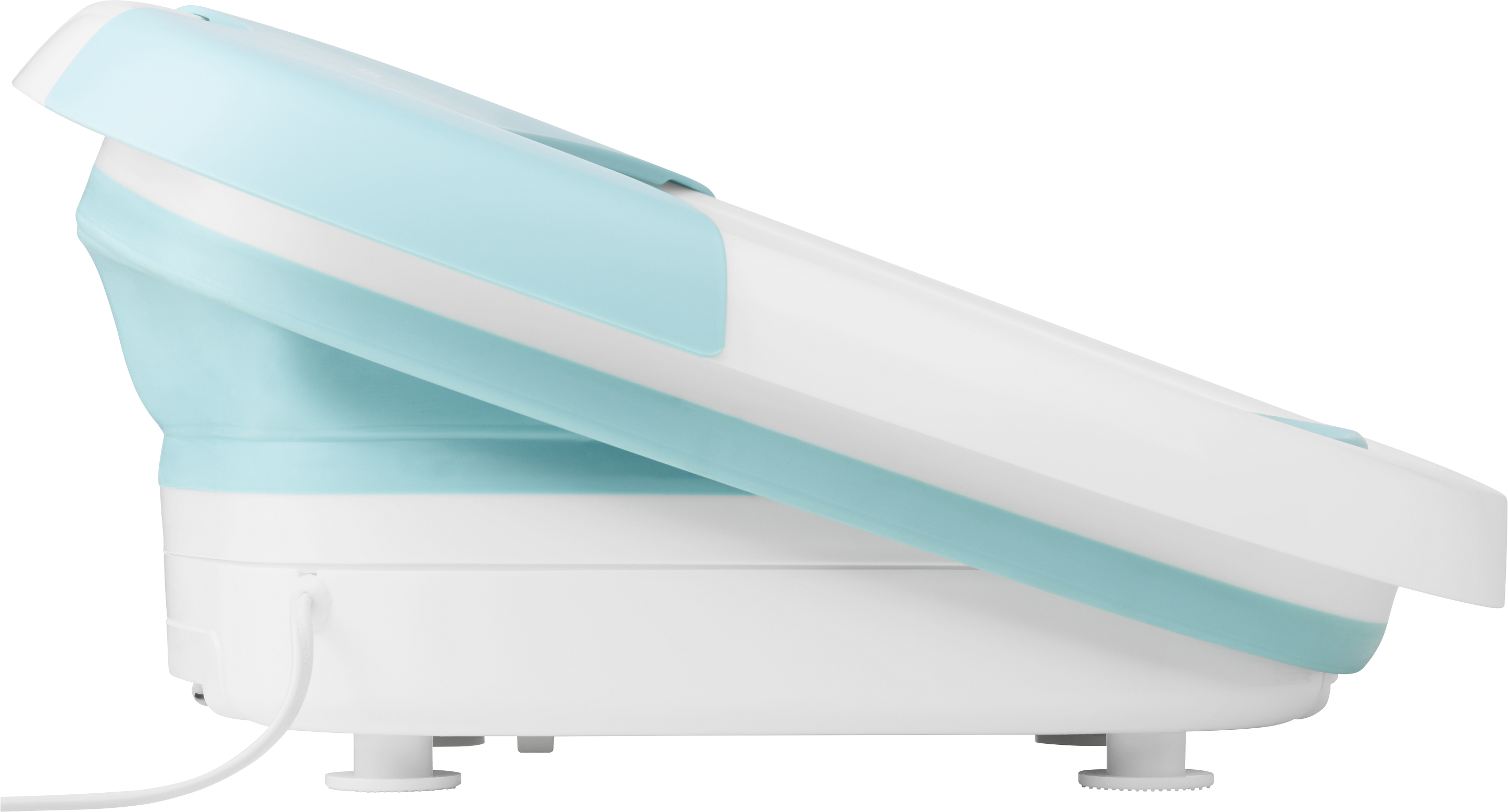 A folded-up, teal and white baby bath tub, side view.