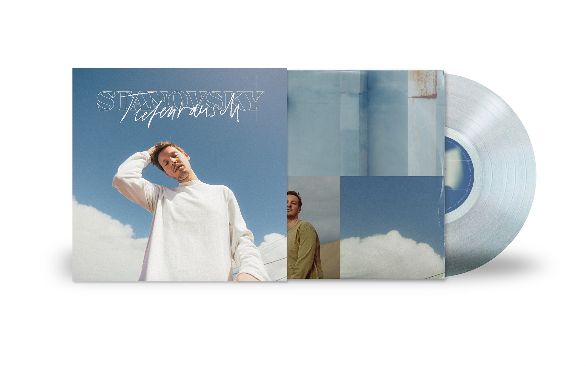 Albumcover mit Mann, Himmel und Wolken. Schallplatte rechts.